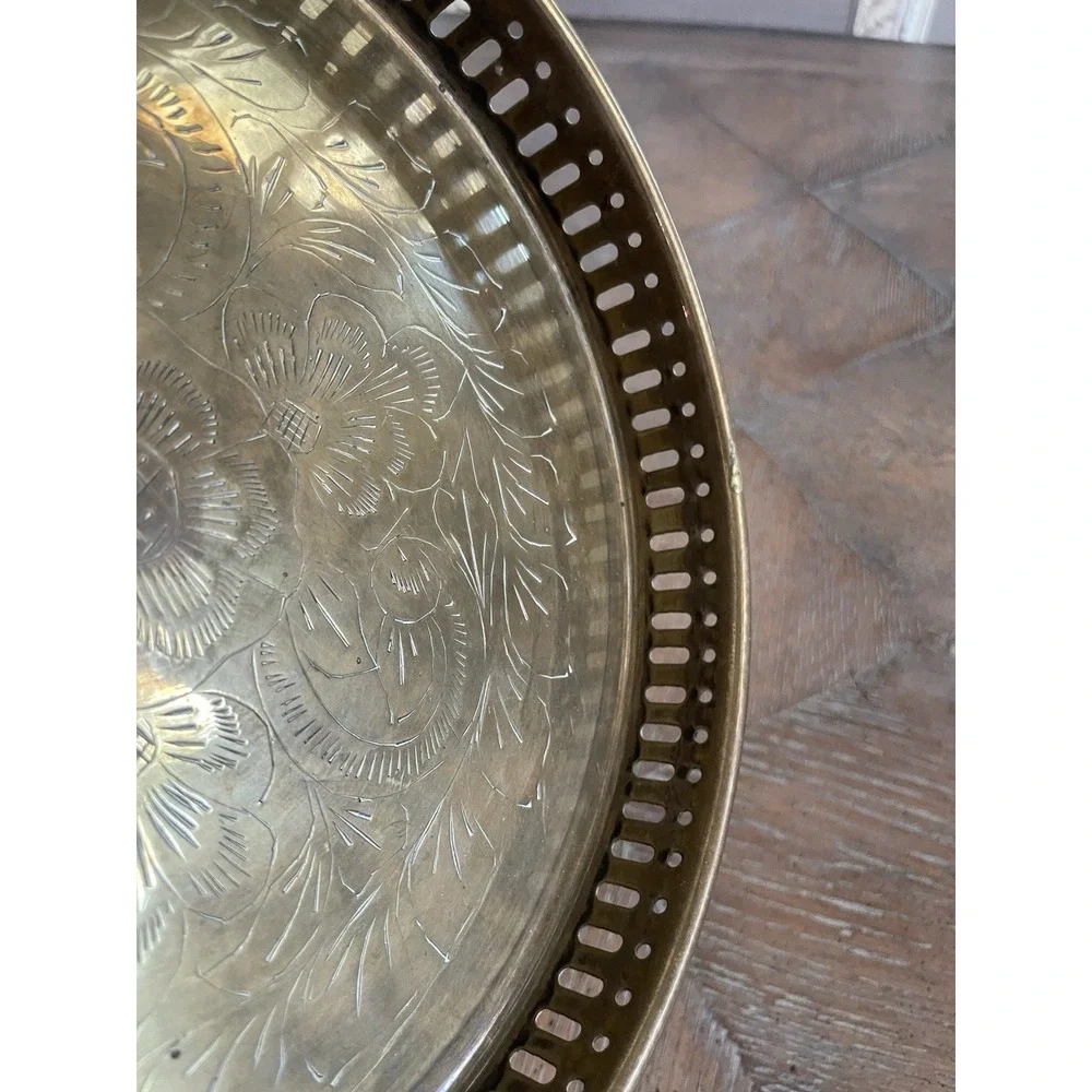 Vtg Brass Tray Etched Floral Design Reticulated Sides Boho 8.25